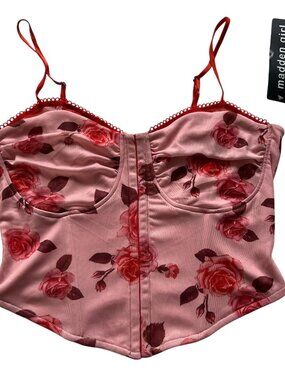 Madden Girl Corset tank top pink red rose floral print cropped Medium